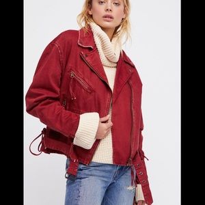 Free People Oversized Red Denim Moto Jacket